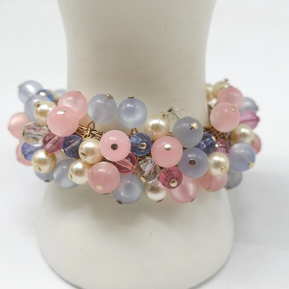 Vintage Pink Purple Cha Cha Bracelet With Glass Beads Faux Pearls - Picture 1 of 5